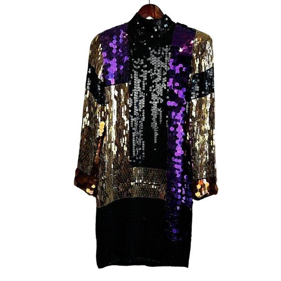 CEDARS VINTAGE SILK SEQUIN PARTY DRESS SIZE 4 Gold Purple Mini Long Sleeve 80s - Picture 1 of 16